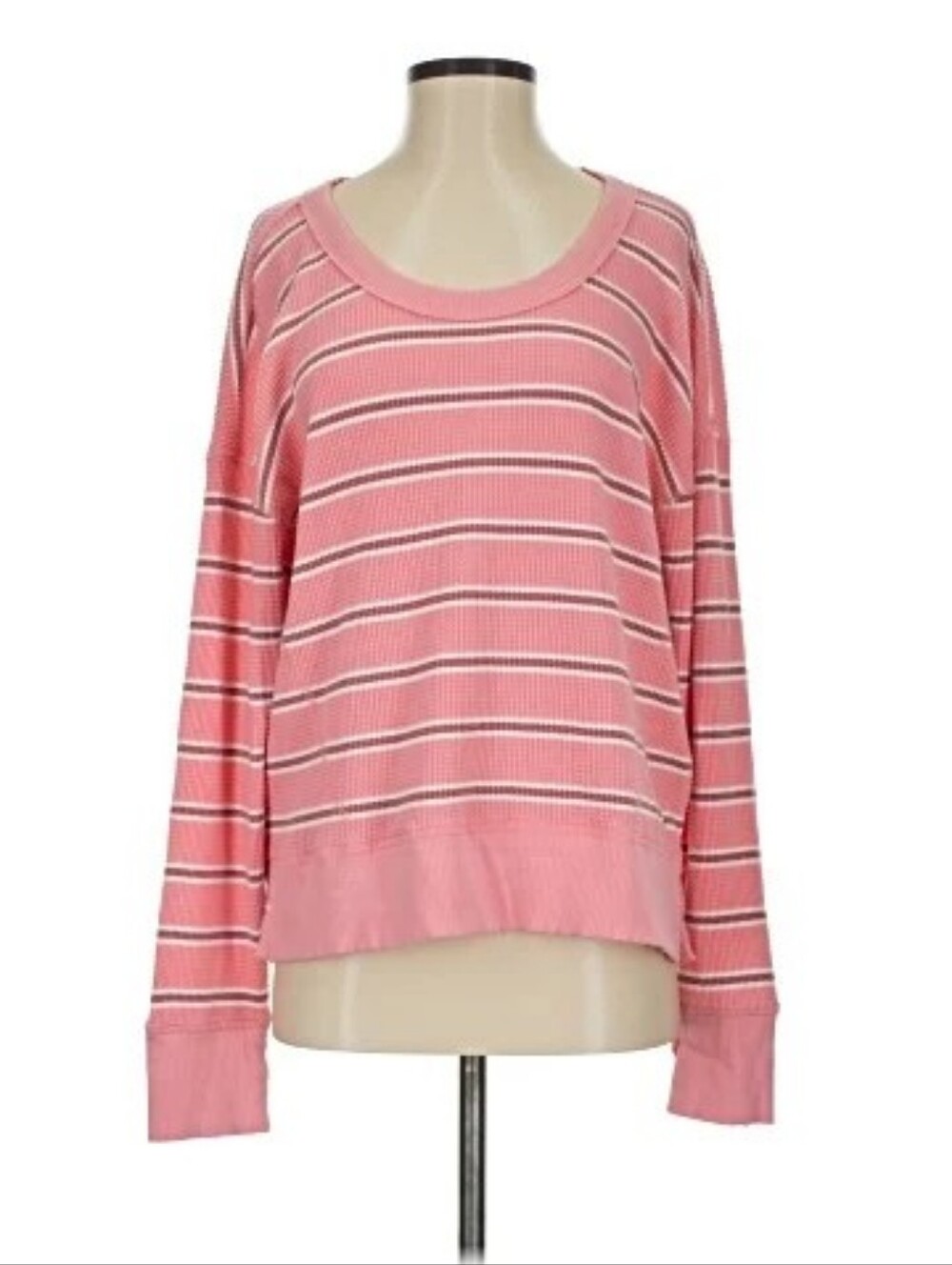Aerie Offline Wow Waffle Knit Long Sleeve Tee Shirt Pink White Striped Medium